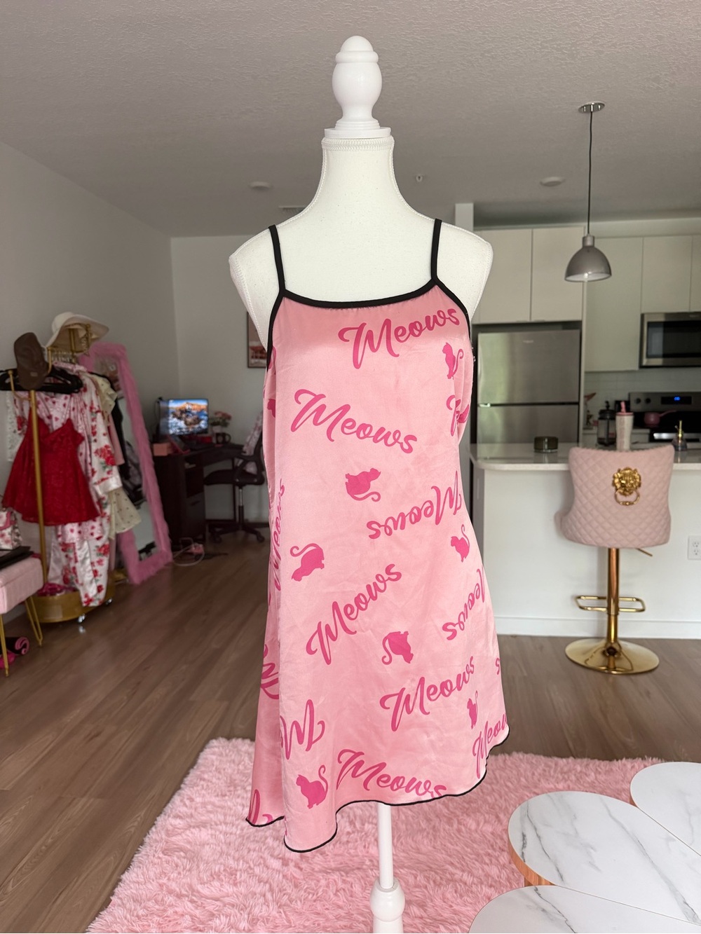 Pink 'Meows' Satin Slip Dress - Women Intimates